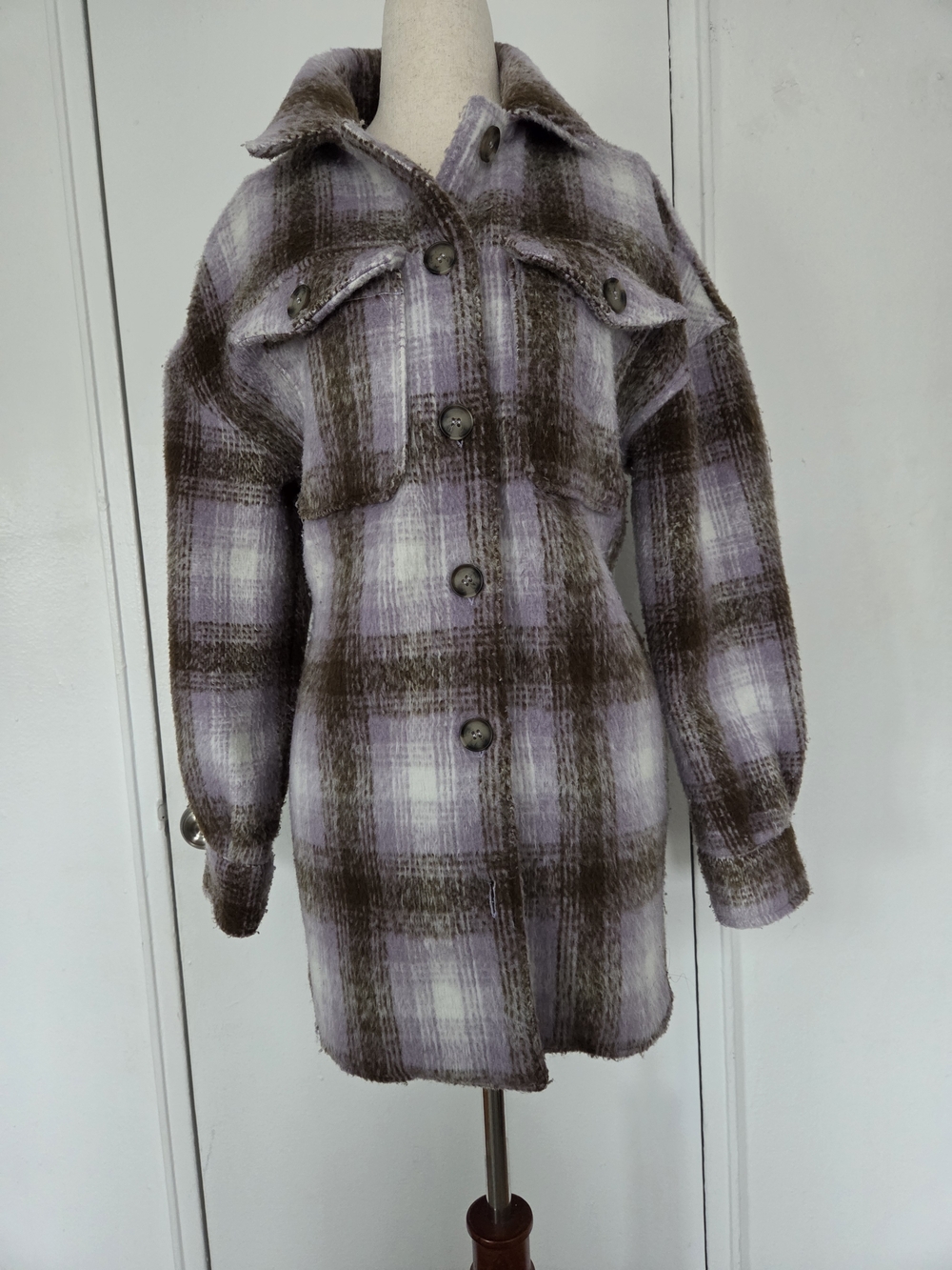 Plaid Button-Front Shacket in Lavender and Brown